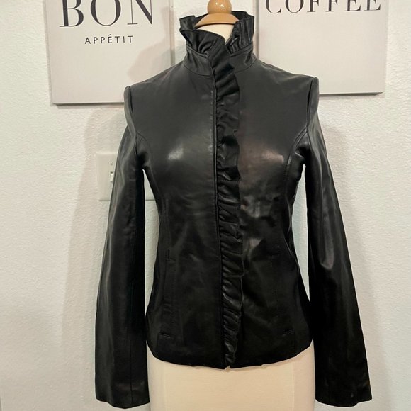 Dkny Jackets & Blazers - DKNY Genuine Leather Jacket Coat Ruffle Black